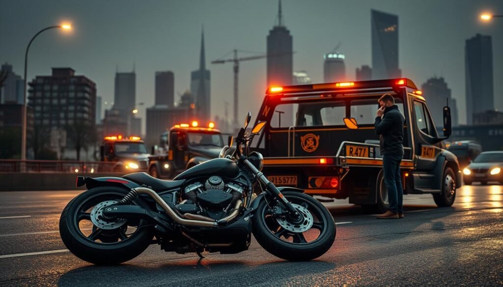 A 24/7 motorcycle towing service operating in a bustling city, with a fleet of rugged tow trucks waiting on a dimly lit street. In the foreground, a high-powered motorcycle lies on its side, its rider standing nearby, phone in hand, as a tow truck driver approaches to carefully load the bike onto the flatbed. The middle ground features the tow truck's flashing amber lights and reflective markings, conveying a sense of urgency and professionalism. In the background, the city skyline is visible, with towering skyscrapers and a hazy, moody atmosphere created by strategic lighting and depth of field.
