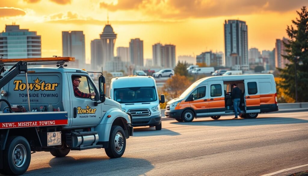 A bustling roadside assistance scene in New Westminster, British Columbia. In the foreground, a tow truck with the Towstar Towing logo prominently displayed, its driver efficiently securing a stranded vehicle. The middle ground features a well-equipped service van, its technicians performing a battery jump-start or tire change for another customer. In the background, the cityscape of New Westminster is visible, with its iconic landmarks and modern architecture providing a vibrant urban backdrop. Warm, golden sunlight filters through, creating a welcoming and reassuring atmosphere. The overall composition conveys the reliable, comprehensive nature of Towstar Towing's roadside assistance services.