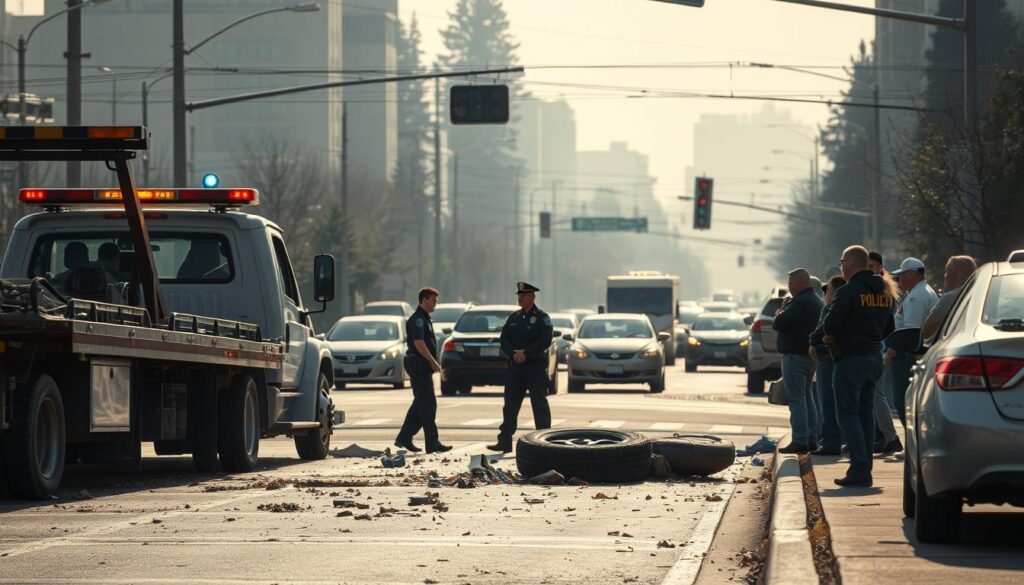 A busy Burnaby street intersection, the aftermath of a towing accident. In the foreground, a tow truck and a damaged car, tires askew, debris scattered. Police officers canvassing the scene, emergency lights flashing. Bystanders watch from the sidewalk, concern etched on their faces. In the middle ground, traffic slowed to a crawl, drivers peering out of their windows. The background is hazy, buildings and trees blurred, creating a sense of hushed urgency. The lighting is harsh, shadows sharp, conveying the abrupt disruption of this unexpected event. The overall mood is one of cautious observation, a community responding to an emergency with practiced efficiency.