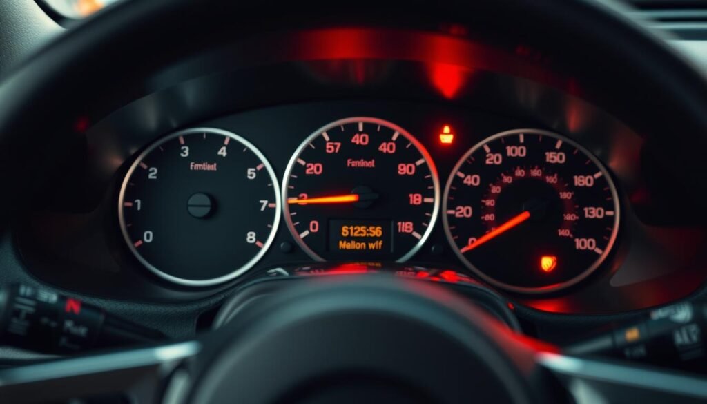 A close-up view of a car's dashboard, captured in a high-resolution, well-lit photograph. In the center, a prominent red warning light flashes, indicating an overheating engine. The surrounding gauges and dials display elevated temperature readings, while the steering wheel and gear shifter are slightly blurred in the foreground, creating a sense of urgency. The background is slightly out of focus, hinting at the car's interior details. The overall mood is one of concern and immediate action required, reflecting the critical nature of an overheating engine.