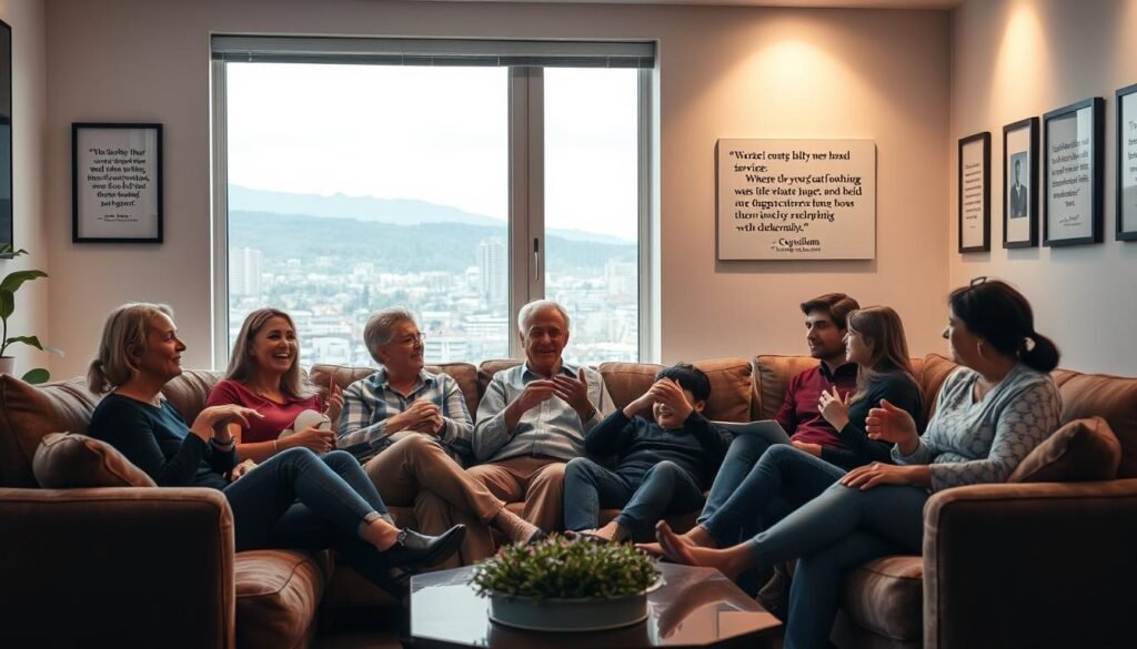 A cozy living room setting with customers sharing their experiences with a Coquitlam towing company. In the foreground, a group of people sit on plush sofas, gesturing animatedly as they recount their positive interactions - a young woman smiles warmly, an older gentleman nods approvingly, and a family discusses the reliable service they received. The mid-ground features a large window offering a glimpse of the bustling Coquitlam cityscape beyond. Soft, diffused lighting creates a welcoming ambiance, while the background showcases framed customer testimonials adorning the walls, reinforcing the company's commitment to excellence. The overall scene conveys a sense of trust, satisfaction, and community, reflecting the Coquitlam towing company's customer-centric approach.