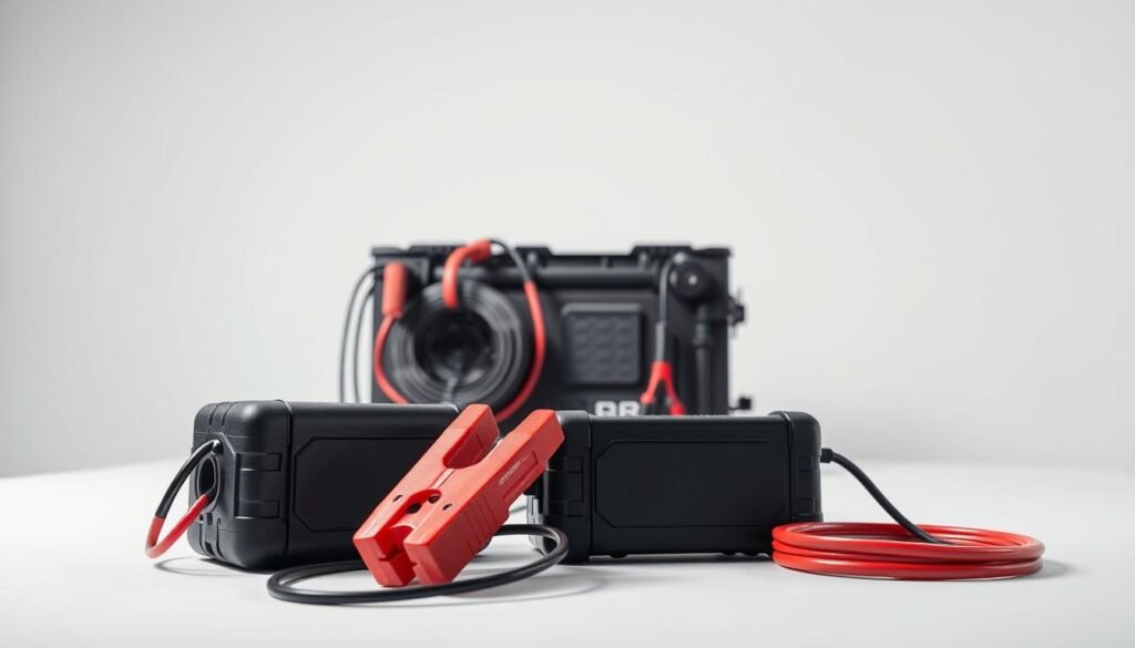 A detailed comparison of two car battery boosting devices, set against a clean white backdrop. In the foreground, a portable jumper pack with its cables and clamps, its sleek black casing reflecting the studio lighting. In the middle ground, a professional battery boost service unit, its heavy-duty cables and robust construction conveying power and reliability. The scene is captured with a wide-angle lens, emphasizing the contrast between the two solutions. The lighting is crisp and even, casting subtle shadows that give depth and dimension to the arrangement. The overall mood is one of technical precision, highlighting the key differences between these battery boosting tools for the discerning Richmond driver.