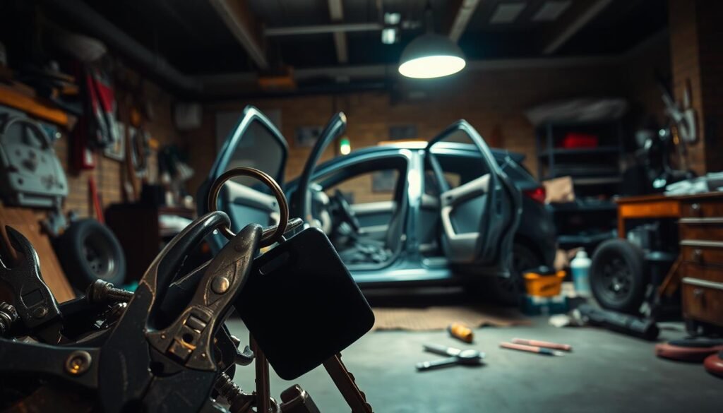 A dimly lit garage filled with DIY tools and a car with its doors open, showcasing the risks of attempting a car lockout at home. The foreground features a broken car key, tangled in a mess of pliers, screwdrivers, and other makeshift lockout tools, emphasizing the potential for damage. The middle ground highlights the open car door, with the interior illuminated by a single overhead light, casting ominous shadows. In the background, a cluttered workbench and scattered car parts suggest an unprofessional, unsafe environment. The overall atmosphere conveys a sense of frustration, risk, and the potential for costly mistakes when tackling a car lockout without proper training or equipment.