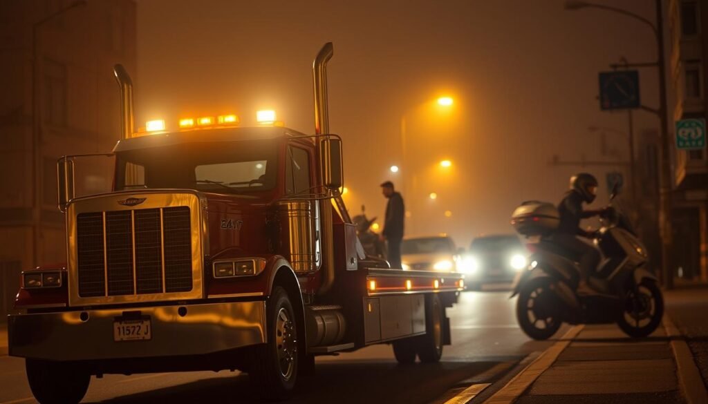 A dimly lit street in Burnaby, with a 24/7 motorcycle towing service prominently displayed. In the foreground, a large tow truck, its flashing amber lights cutting through the night. The truck's grill and chrome details gleam under the streetlamps. In the middle ground, a motorcyclist stands beside their disabled bike, discussing the towing process with the driver. The background is hazy, with blurred silhouettes of other buildings and vehicles, conveying a sense of urgency and the need for immediate assistance. The scene is bathed in a warm, golden glow, creating a sense of reliability and professionalism in the towing service.