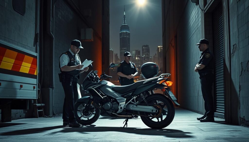 A dimly lit urban alley, with a motorbike impounded by local authorities. In the foreground, a tow truck operator meticulously assessing the vehicle, clipboard in hand. The middle ground features a pair of municipal enforcement officers, their uniforms crisp and authoritative, discussing the penalty protocols. In the background, a looming city skyline casts an ominous shadow, emphasizing the gravity of the situation. The scene is illuminated by a harsh, directional light, casting dramatic shadows and highlighting the tension of the moment. The overall mood is one of consequence and compliance, a cautionary tale for those who dare to violate the towing laws.
