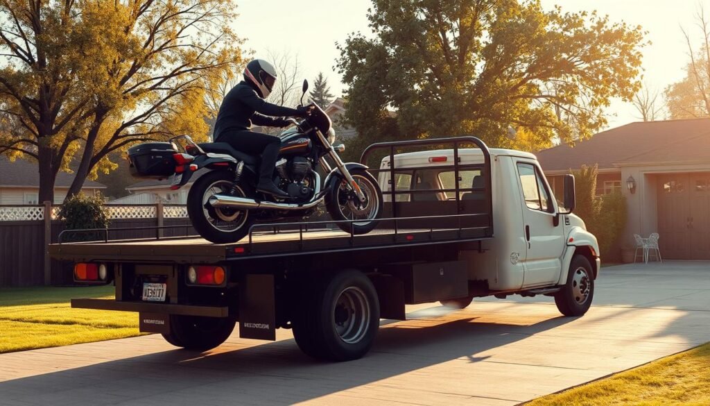 A flatbed truck is parked on a paved driveway, its rear platform raised. In the foreground, a motorcyclist carefully maneuvers their bike onto the flatbed, the motorcycle's front wheel lifted first, then the rear. The rider wears a protective riding suit and helmet, focused on the delicate task. Warm, soft light illuminates the scene, casting long shadows. The background depicts a residential neighborhood, with leafy trees and modest homes. The overall atmosphere conveys a sense of care and attention to safely loading the motorcycle onto the flatbed for transport.