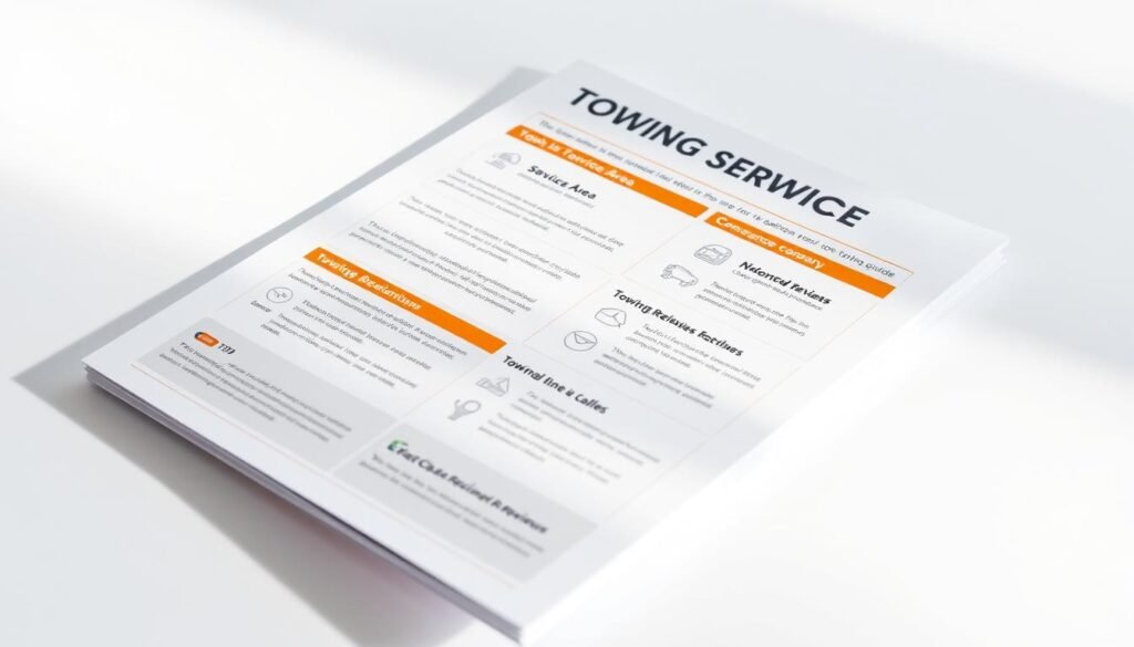A glossy, high-quality towing service selection guide displayed on a minimalist white background. The guide features a clean, organized layout with distinct sections highlighting key factors to consider when choosing a towing company, such as service area, response time, fleet size, and customer reviews. The guide's design is modern and visually appealing, with subtle use of brand colors and intuitive icons to convey information. Soft, directional lighting creates depth and emphasizes the guide's tactile, premium quality. The image has a crisp, professional tone that would complement the article's topic and subject.