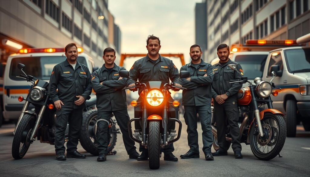 A group of expert motorcycle towing specialists standing confidently in their work uniforms, surrounded by their well-maintained tow trucks and motorcycles. The scene is captured in a cinematic, low-angle perspective, highlighting the skilled professionals and their specialized equipment. Soft, warm lighting illuminates their faces, conveying a sense of trustworthiness and professionalism. The background features a clean, urban setting, suggesting a reputable, local towing service. The overall atmosphere evokes a feeling of reliability and expertise, reflecting the positive customer reviews and testimonials featured in the article.