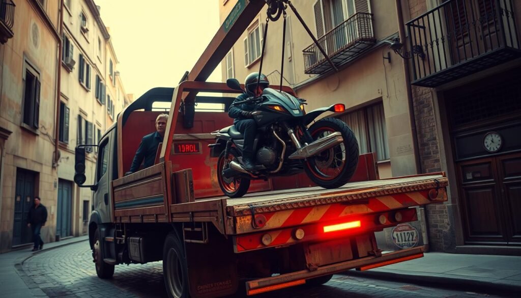 A heavily loaded tow truck carefully navigating a narrow city street, its powerful hydraulic boom gently lifting a disabled motorcycle onto the rear platform. The motorcycle's rider, a concerned expression on their face, observes the delicate relocation process unfold. Warm, diffused lighting casts subtle shadows, creating a sense of depth and drama. The scene is framed from a low angle, highlighting the towering scale of the tow truck and the fragility of the motorcycle in its grasp. The urban backdrop, with its weathered buildings and cobblestone pavement, adds a touch of gritty realism to the image, conveying the practical necessity of this motorcycle relocation.