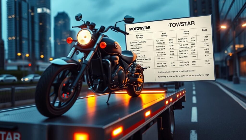 A high-angle, cinematic view of a well-lit motorbike towing service pricing display. The foreground features a sleek, chrome-accented motorcycle on a flatbed tow truck, its headlight illuminating the scene. The middle ground showcases a large, backlit pricing board with a clean, minimalist design, detailing the various towing packages and associated costs. The background depicts a modern, urban setting with blurred skyscrapers and streetlights, suggesting a bustling city environment. The overall mood is one of professionalism, efficiency, and transparency, inviting the viewer to understand Towstar's pricing structure at a glance.