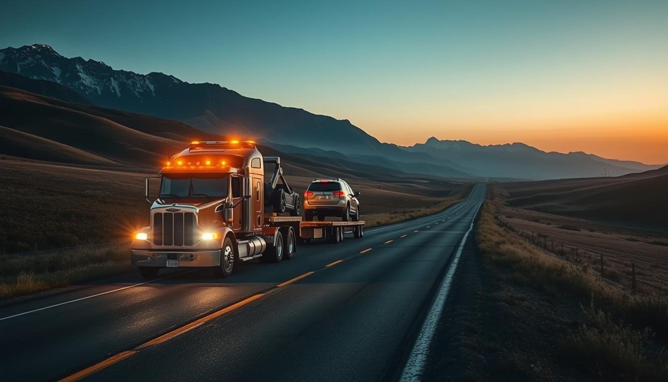 A long stretch of a rural highway winds through rolling hills, with a large tow truck in the foreground carefully hauling a disabled vehicle. The tow truck's bright yellow lights illuminate the scene, casting a warm glow on the road and surrounding landscape. In the background, a picturesque mountain range looms, hinting at the remote location. The composition captures the scale and effort required for long-distance towing, with the tow truck and its cargo taking center stage. The overall mood is one of professionalism and dependability, conveying the expertise needed to safely transport a vehicle over great distances.