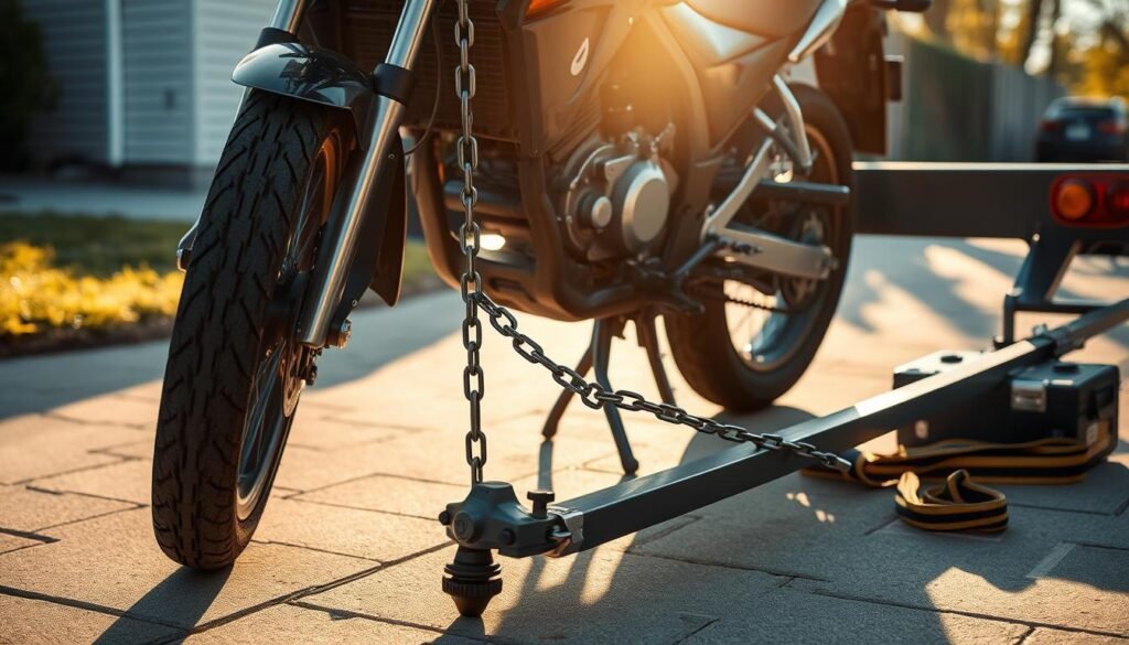 A meticulously staged shot of a motorbike prepared for towing, bathed in warm afternoon light. On a level driveway, the bike stands upright, its kickstand firmly planted. The front wheel is secured to a sturdy tow hitch, tension carefully adjusted. Safety chains hang in a neat criss-cross pattern, ready to be connected. In the background, a toolbox and tow strap lie nearby, hinting at the owner's preparedness. The bike's bodywork is freshly polished, its chrome accents gleaming. An air of attentive care and diligence pervades the scene, reflecting the owner's expertise in towing their prized motorbike safely.