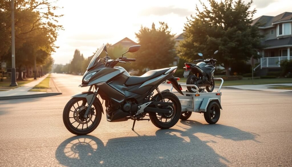 A modern, affordable motorcycle with a sturdy tow hitch firmly attached, gently pulling a trailer down a well-paved suburban street in Burnaby. The motorcycle is a sleek, mid-range model in a muted color, its rider wearing a practical, safety-focused outfit. The trailer behind it is compact yet capable, designed to securely transport a disabled motorcycle. Warm, diffused sunlight filters through wispy clouds, creating a sense of reliability and professionalism. The scene conveys the dependability and convenience of a trusted motorcycle towing service operating in the Burnaby area.