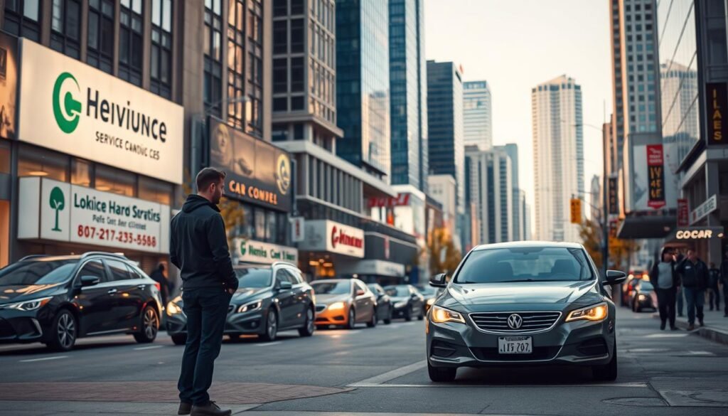 A modern city street in downtown Vancouver, British Columbia, Canada. In the foreground, a person stands near their locked car, contemplating their options. The middle ground depicts several reputable car lockout service providers, their logos and contact information visible. The background showcases the iconic architecture and bustling activity of the city. Soft, natural lighting illuminates the scene, creating a sense of approachability and professionalism. The overall atmosphere conveys a feeling of reliable, efficient service in a vibrant urban setting.