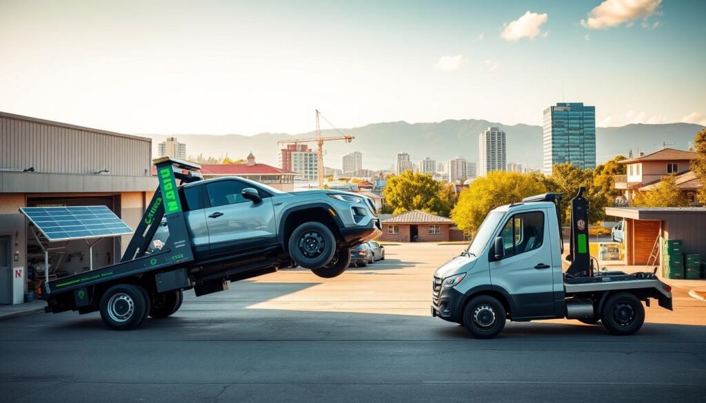 A modern, eco-friendly towing service in the bustling city of New Westminster. In the foreground, a sleek, all-electric tow truck with a distinctive green trim effortlessly lifts a vehicle, its silent electric motor emitting no emissions. In the middle ground, the service's well-equipped garage and workshop, showcasing sustainable practices like solar panels and recycling stations. The background features the vibrant cityscape of New Westminster, with its distinctive architecture and lush greenery, reflecting the service's commitment to environmental responsibility. The scene is bathed in warm, natural lighting, creating a sense of tranquility and harmony between the towing service and its surroundings.