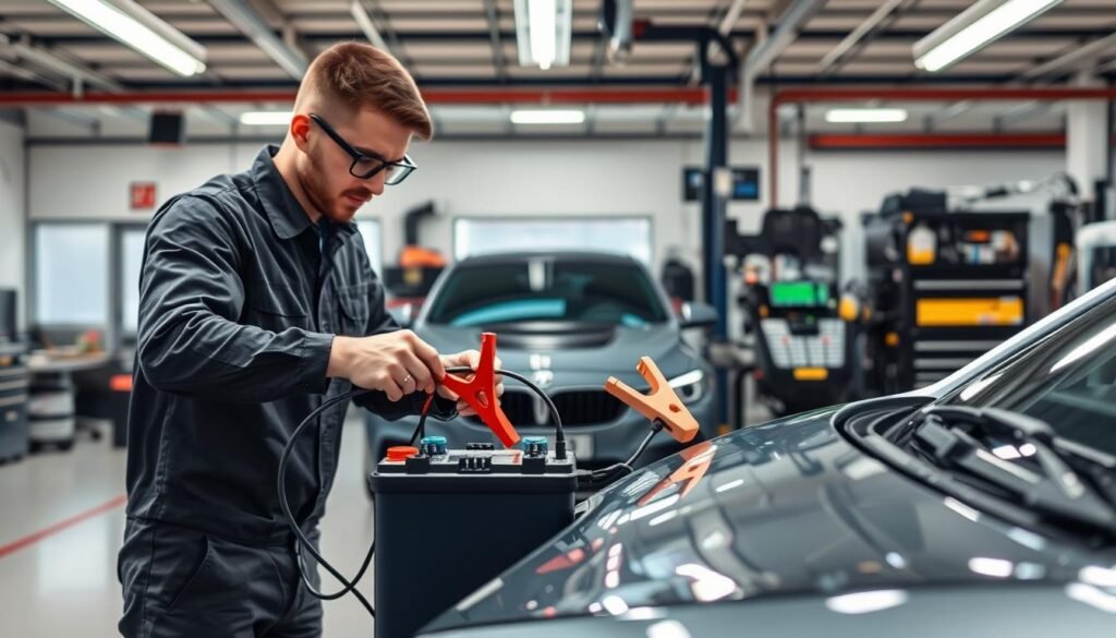 A modern electric vehicle battery jump-starting service, showcasing the benefits of professional assistance. In the foreground, a technician expertly connects jumper cables to a car's battery terminals, ensuring a safe and effective power boost. The middle ground features an array of advanced diagnostic tools and equipment, highlighting the expertise and precision required for optimal battery performance. The background depicts a well-lit, clean, and organized auto repair workshop, conveying the professionalism and attention to detail of the service. The overall scene emanates a sense of reliability, efficiency, and customer-centric care, making it an ideal visual representation of the "Benefits of Regular Battery Boost Services".