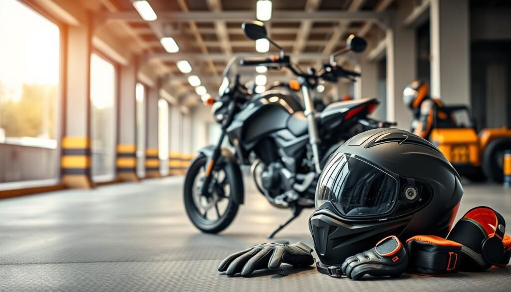A motorbike positioned prominently in the center, surrounded by various safety equipment and accessories. In the foreground, a detailed close-up of a helmet, gloves, and reflective vest. In the middle ground, the motorbike itself, meticulously rendered with its frame, wheels, and handlebars. The background features a clean, well-lit urban setting, suggesting a city street or a garage. The overall lighting is soft and evenly distributed, creating a sense of clarity and professionalism. The atmosphere conveys a message of safety, practicality, and attention to detail, suitable for an article on motorbike towing safety tips.