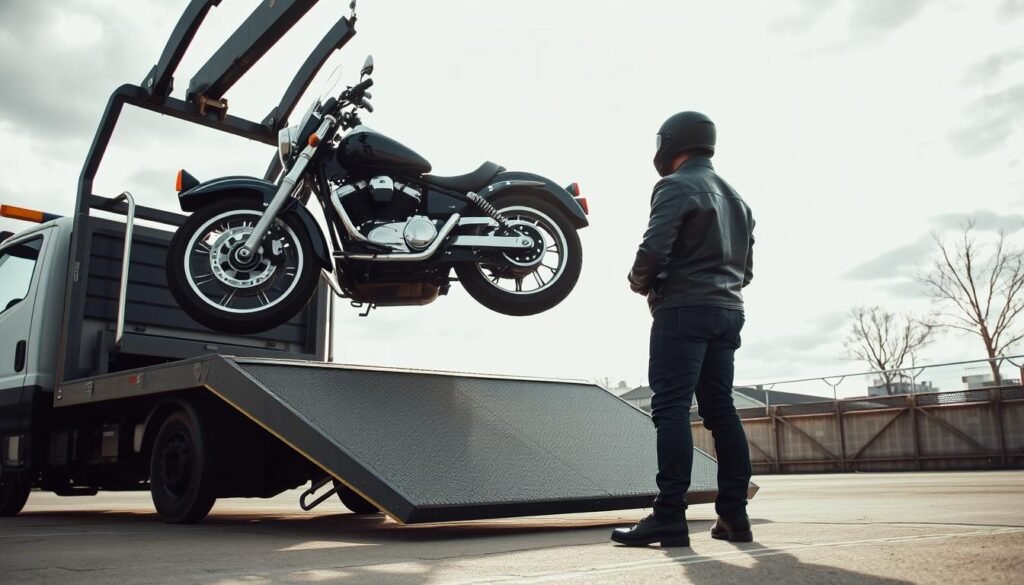 A motorcycle being carefully lifted and secured onto a tow truck, the rider standing nearby observing the relocation process. The scene is set under a bright, overcast sky, with soft shadows cast across the pavement. The tow truck's lifting mechanism lifts the motorcycle gently, its chrome details gleaming in the natural light. The rider, dressed in a leather jacket and helmet, watches attentively, ensuring the safe transport of their prized possession. The overall atmosphere conveys a sense of professionalism and care in the motorbike relocation process.