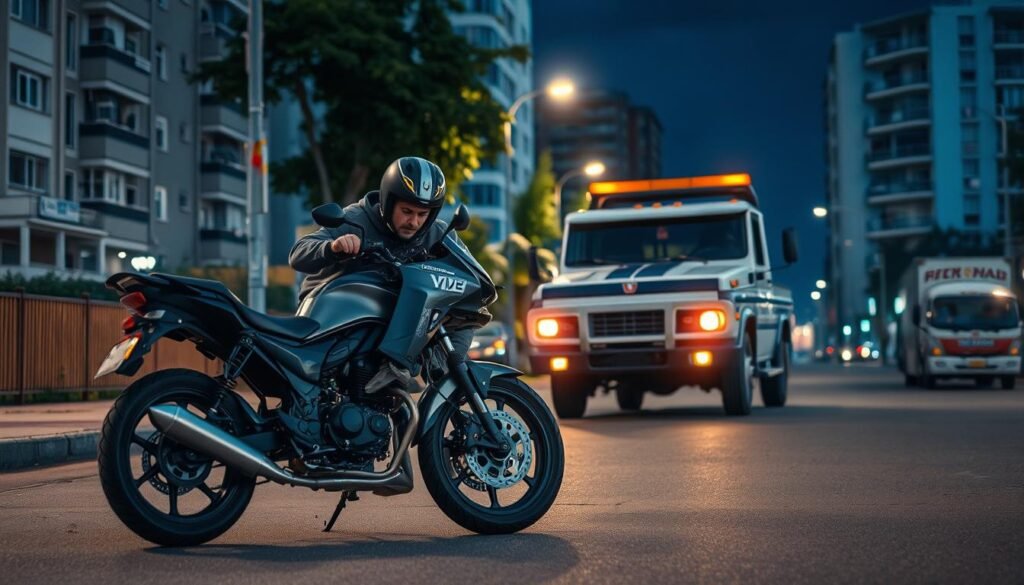 A motorcycle breakdown on a quiet city street, with a tow truck arriving to assist. The foreground features the disabled motorbike, its rider inspecting the engine with a concerned expression. In the middle ground, the tow truck operator approaches, ready to lend a hand. The background showcases the urban setting, with a mix of residential and commercial buildings, streetlights casting a warm glow. The scene is captured in a realistic style, with attention to details like the motorcycle's make and model, the tow truck's livery, and the natural lighting conditions. The overall mood conveys a sense of relief and help arriving in a time of need.