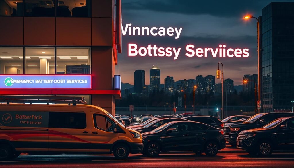 A neon-lit storefront in downtown Vancouver, with the words "Emergency Battery Boost Services" prominently displayed on a sleek, modern sign. The scene is illuminated by warm, golden-toned streetlights, casting a soft glow over the bustling urban landscape. In the foreground, a well-equipped service van is parked, its technicians ready to assist drivers in need of a quick battery boost. The middle ground features a diverse array of vehicles, from sleek sedans to rugged SUVs, all seeking the expertise of this reliable service provider. In the background, the iconic skyline of Vancouver rises, a testament to the city's vibrant energy and the importance of reliable automotive support.