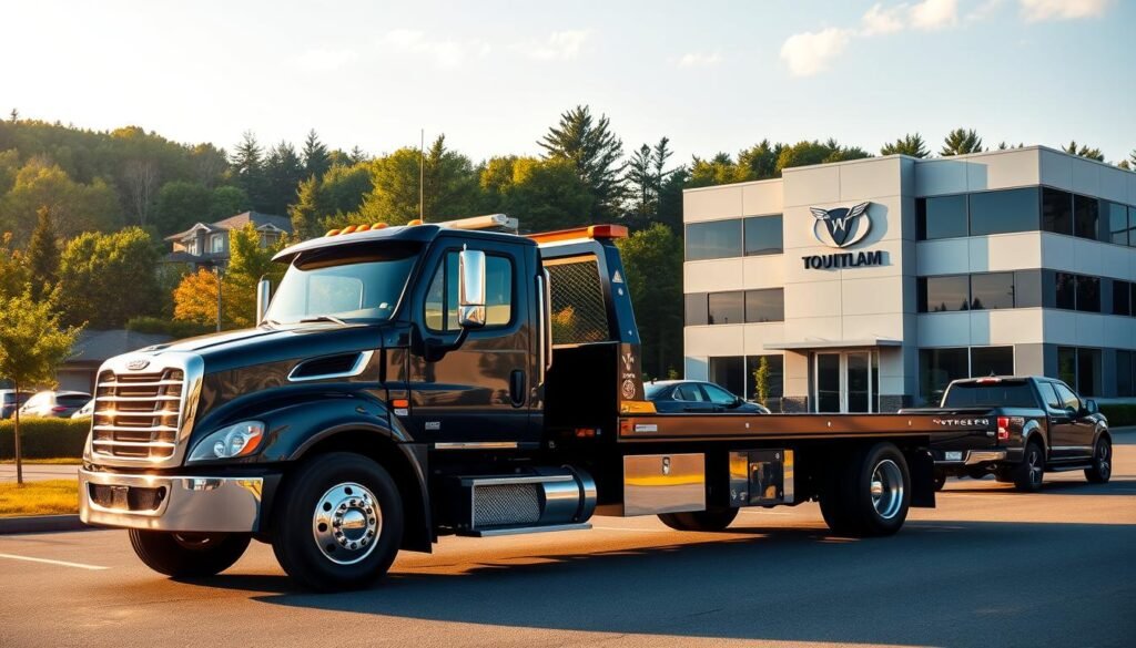 A professional towing service in Coquitlam, British Columbia, with a well-equipped fleet of tow trucks. In the foreground, a sturdy flatbed tow truck is prominently displayed, its chrome accents gleaming under the warm afternoon sunlight. The middle ground features the company's sleek and modern headquarters, with a minimalist facade and the business' logo prominently displayed. In the background, the lush, verdant landscape of Coquitlam's suburban neighborhoods provides a serene and picturesque setting. The image conveys a sense of reliability, professionalism, and attention to detail, reflecting the high-quality services offered by this reputable Coquitlam towing company.
