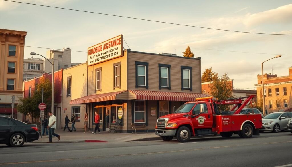 A quaint roadside assistance station nestled in the heart of New Westminster, British Columbia. The building, adorned with a prominent sign, stands amidst a bustling urban landscape, its classic architecture a testament to the town's history. Parked in the foreground, a well-equipped tow truck waits to come to the aid of stranded motorists, its bright red exterior catching the eye. Pedestrians and vehicles move through the scene, creating a sense of activity and community. Warm, natural lighting filters through the scene, casting a welcoming glow over the entire setting. This image captures the importance of choosing a local, trusted provider for your roadside assistance needs.