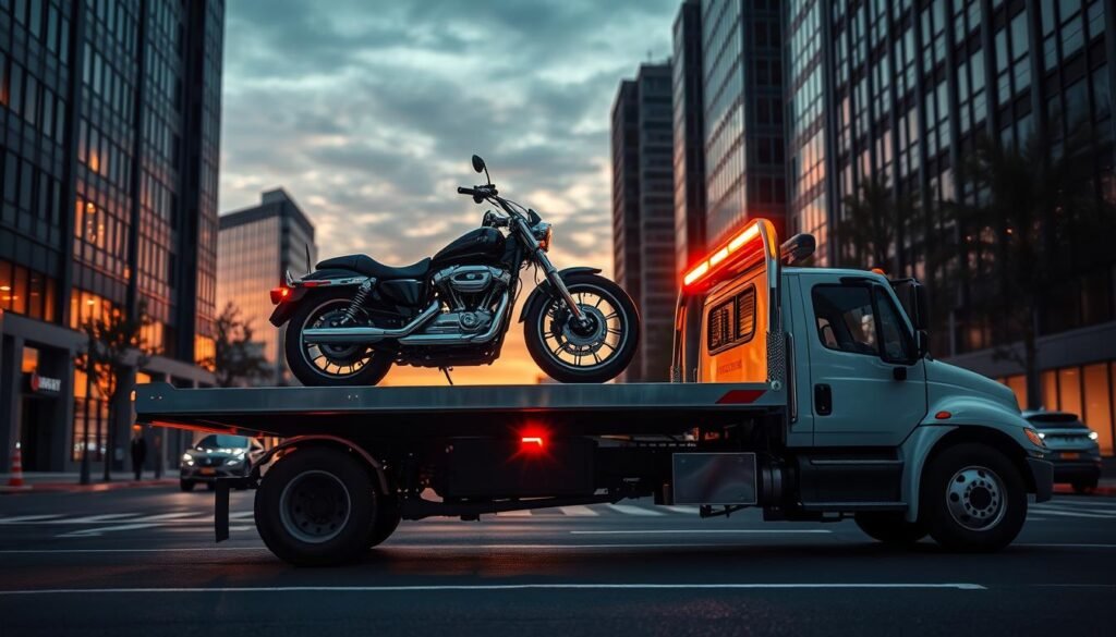 A sleek, modern motorcycle flatbed towing a motorbike against a backdrop of a dimly lit urban street at dusk. The flatbed's powerful hydraulic lift gently raises the motorbike, its chrome accents gleaming in the fading light. The towing vehicle's robust frame and oversized tires suggest its capability to handle the weight and size of the motorbike with ease. The street is lined with tall buildings, their windows reflecting the warm, orange glow of the setting sun, creating a sense of depth and atmosphere. The scene conveys a sense of efficient, professional motorbike towing services, ready to assist riders in need.
