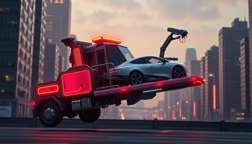 A state-of-the-art tow truck equipped with advanced AI-powered sensors and robotics hovers above the ground, its sleek design and vibrant neon-lit panels reflecting the futuristic cityscape in the background. The vehicle's articulated mechanical arms extend gracefully, expertly maneuvering a disabled autonomous vehicle onto its flatbed with precision and care. The scene is bathed in a warm, cinematic lighting, creating a captivating, almost ethereal atmosphere that showcases the seamless integration of cutting-edge towing technology with the smart city of tomorrow.