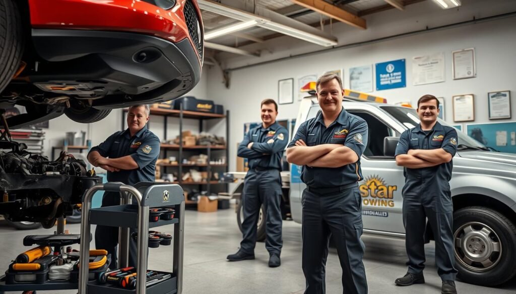 A team of highly skilled Towstar Towing technicians stand proudly in a well-lit garage, their uniforms crisp and their expressions focused. In the foreground, two technicians meticulously inspect the undercarriage of a car, their tools neatly arranged on a rolling cart. In the middle ground, a third technician leans against a tow truck, arms crossed, conveying a sense of expertise and professionalism. The background features shelves of spare parts and a wall of certifications, subtly highlighting the team's depth of knowledge and experience. The overall scene exudes a mood of competence, attention to detail, and a commitment to providing exceptional service to the community.