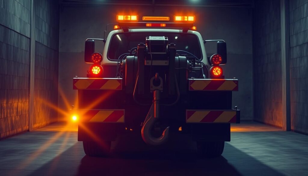 A towing truck with its array of safety equipment, including high-visibility LED warning lights, reflective striping, and a heavy-duty tow hook, stands ready in a dimly lit garage. The scene is illuminated by warm, focused lighting that casts dramatic shadows, emphasizing the sturdy construction and practical design of the vehicle and its gear. In the background, the concrete walls and floor convey a sense of industrial functionality, while the overall composition suggests the importance of safety and preparedness in the world of professional towing and roadside assistance.