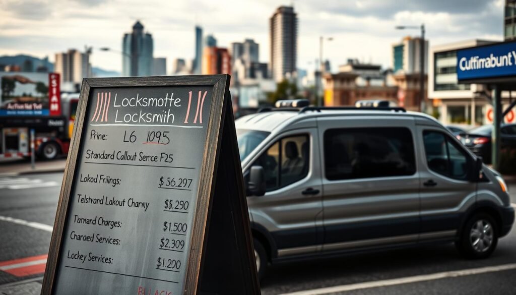 A visually arresting scene of an automotive locksmith's pricing display in Burnaby, British Columbia. The foreground features a well-organized chalkboard or digital signage showcasing a clear breakdown of lockout service fees, including standard callout charges, labor rates, and any additional services. The middle ground shows a professional locksmith van or toolbox, conveying expertise and reliability. The background depicts the bustling urban landscape of Burnaby, with recognizable landmarks or buildings to establish the location. The overall composition strikes a balance between informative details and an inviting, visually compelling atmosphere, reflecting the practical yet personable nature of the locksmith's offerings.