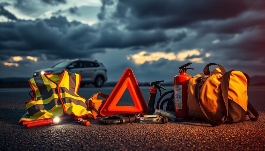 A well-equipped roadside emergency kit rests on the asphalt, illuminated by the warm glow of a setting sun. In the foreground, a high-visibility safety vest, a set of jumper cables, and a reflective triangle stand ready for use. The middle ground features a flashlight, a first-aid kit, and a fire extinguisher, hinting at the diverse preparedness items. In the background, the silhouette of a stranded vehicle stands against a moody, cloud-streaked sky, suggesting the need for this emergency roadside assistance gear. The scene conveys a sense of readiness and self-reliance, a visual guide for vehicle owners facing unexpected breakdowns.