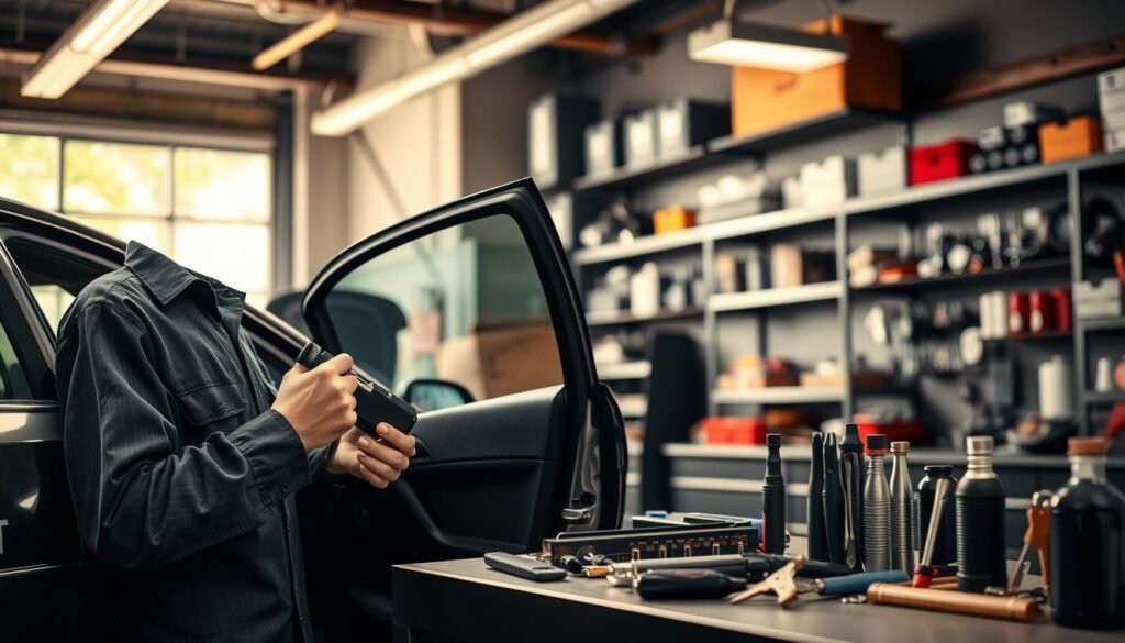 A well-lit automotive repair shop interior, with a focus on a professional locksmith working on an open car door. In the foreground, the locksmith is using specialized tools to carefully inspect the lock mechanism. The middle ground showcases a selection of locksmith tools and equipment, neatly organized on a workbench. The background features shelves stocked with automotive parts and accessories, conveying an atmosphere of expertise and reliability. The lighting is warm and natural, creating a sense of competence and trustworthiness. The overall scene should inspire confidence in the locksmith's ability to provide secure and dependable car lockout services.