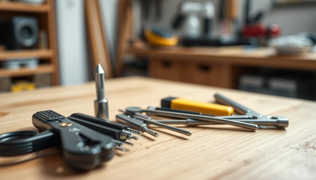 A well-lit, close-up shot of a DIY car lockout toolkit on a clean, wooden workbench. The toolkit includes an assortment of lockpicking tools, a wedge, a long rod, and a slim jim. The focus is sharp, with a shallow depth of field that blurs the background, creating a professional, instructional atmosphere. The lighting is soft and even, accentuating the textures and details of the tools. The overall mood is one of problem-solving and self-reliance, conveying the idea of taking control of a car lockout situation without the need for professional assistance.