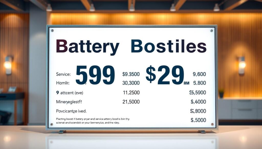 A well-lit, high-resolution photograph of a service pricing board for battery boost services in Burnaby, BC. The board is set against a clean, modern background with a warm, professional atmosphere. The pricing details are clearly visible, presented in a simple, legible format. The image captures the average cost of battery boost services in the local area, showcasing the typical range of pricing options available to customers in 2025.