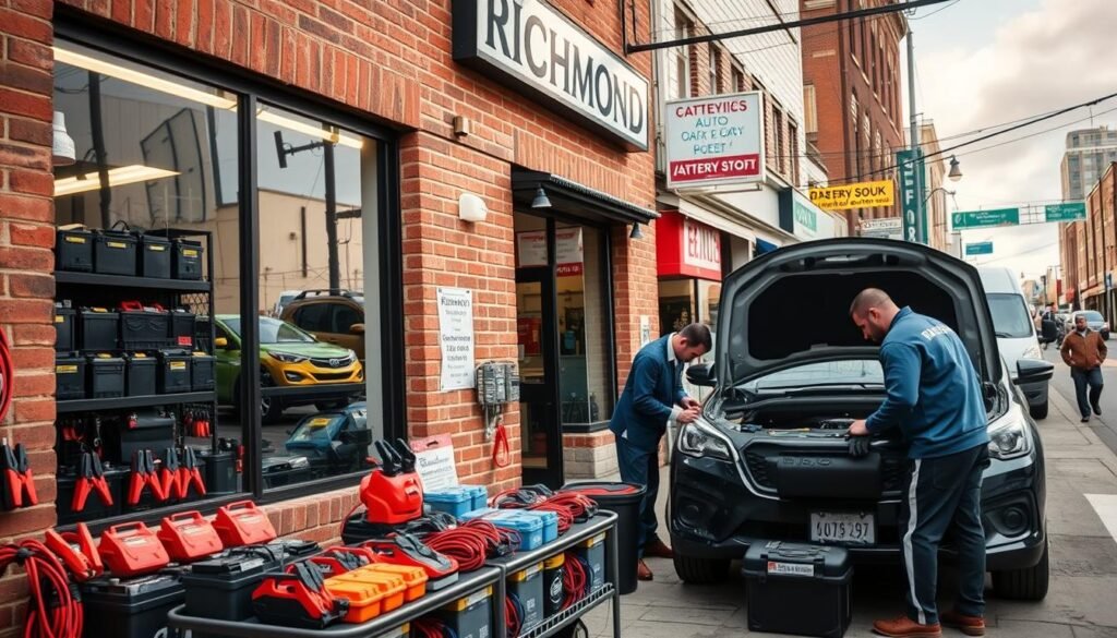 A well-lit, street-level view of a Richmond auto shop specializing in battery boost services. The storefront features a classic brick facade, with large windows showcasing rows of batteries and jump starters. In the foreground, a neatly organized display of various battery boost products, from portable chargers to heavy-duty cables. The middle ground shows a mechanic assisting a customer, their vehicle's hood open as they exchange a depleted battery. The background depicts the bustling urban landscape of Richmond, with other businesses and pedestrians visible. The overall scene conveys a professional, reliable, and customer-focused battery boost service provider.