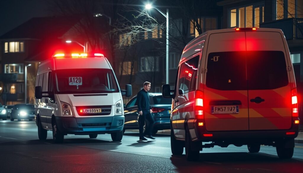 A well-lit urban street at night, with a mobile locksmith van prominently featured in the foreground. The van has its emergency lights flashing, illuminating the scene with a sense of urgency. In the middle ground, a stranded car occupant stands beside their vehicle, gesturing to the van. The background features a row of apartment buildings, their windows glowing softly, creating a cozy, residential atmosphere. The entire scene conveys a sense of reliable, efficient, and professional emergency locksmith services available to assist motorists in need.