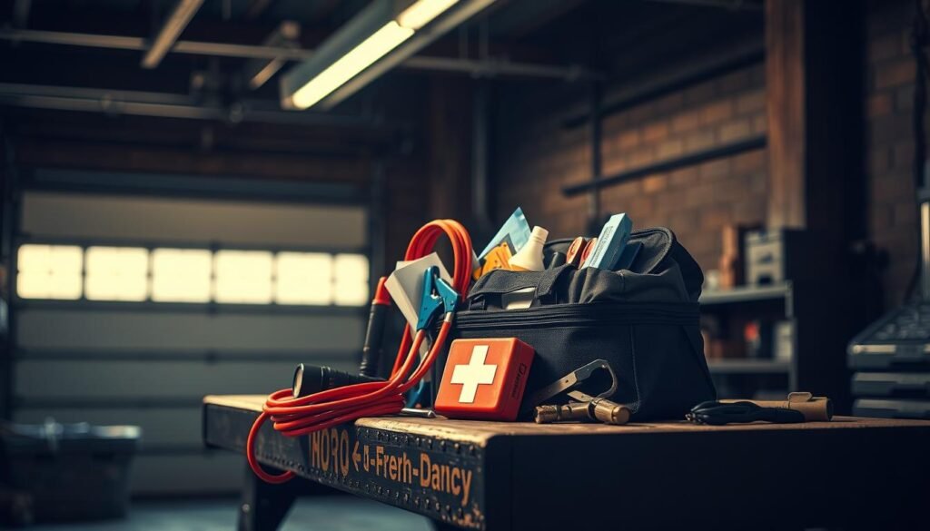 A well-organized emergency vehicle preparation kit sits atop a sturdy workbench, against a backdrop of a dimly lit, industrial garage. The kit contains an assortment of essential items, including jumper cables, a flashlight, a first-aid kit, and a set of tools. The scene is illuminated by a warm, focused light source, casting shadows that add depth and drama to the composition. The overall atmosphere conveys a sense of preparedness and attention to detail, reflecting the importance of being ready for unexpected battery boost service needs.