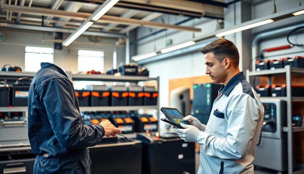 An automotive workshop interior with a warm, inviting atmosphere. In the foreground, a technician in a crisp, clean uniform performs diagnostics on a customer's car battery using advanced testing equipment. In the middle ground, a selection of different battery types and sizes are neatly displayed on shelves, showcasing the wide range of options available. The background features high-bay lighting, sleek metal workbenches, and a partially visible electric vehicle charging station, conveying a sense of modern, cutting-edge automotive services. The overall scene exudes professionalism, efficiency, and a commitment to providing reliable battery boost solutions.