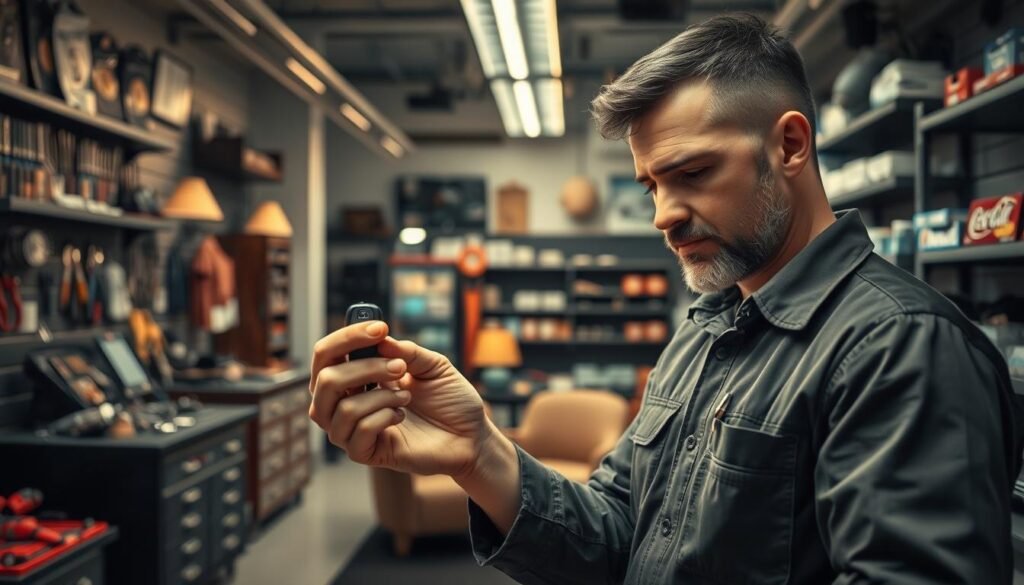 Detailed interior of a modern, well-lit auto repair shop. In the foreground, a professional automotive locksmith examines a car key, showcasing their expertise. The middle ground features various locksmith tools and a customer consultation area with comfortable seating. The background depicts neatly organized shelves of replacement parts and a clean, organized workspace. Warm lighting casts a welcoming atmosphere, conveying the locksmith's commitment to reliable and trustworthy service. The overall scene highlights the professionalism, attention to detail, and customer-centric approach of a reliable automotive locksmith.