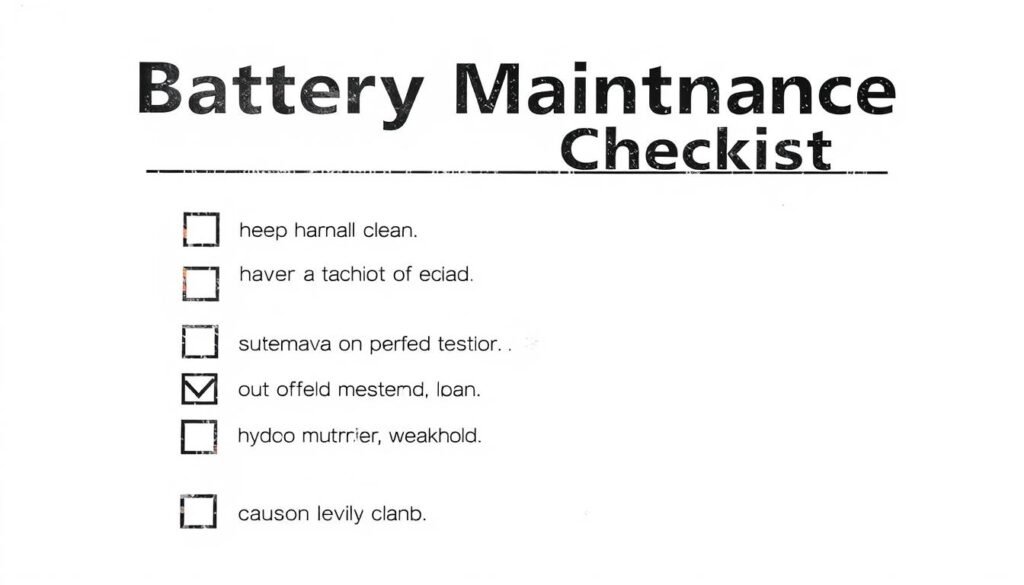 Detailed technical illustration of a "Battery Maintenance Checklist" against a clean, minimalist white backdrop. The checklist showcases various battery maintenance steps, including terminal cleaning, electrolyte level check, and hydrometer testing, rendered with precision and clarity. The overall composition conveys a sense of organization and professionalism, suitable for a technical manual or instructional guide. Lighting is natural and soft, highlighting the important details without harsh shadows. The perspective is slightly elevated, providing a clear, unobstructed view of the checklist items.