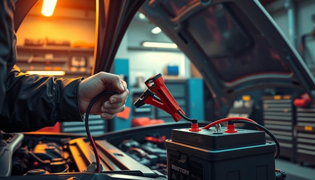 a detailed digital illustration of professional battery boost services, showing a mechanic in a well-equipped auto shop using jumper cables to boost a car battery, with the vehicle's hood open and a full toolbox in the background, the scene lit by warm overhead lighting creating a sense of expertise and reliable service, the composition focusing on the hands of the mechanic performing the task with precision and care