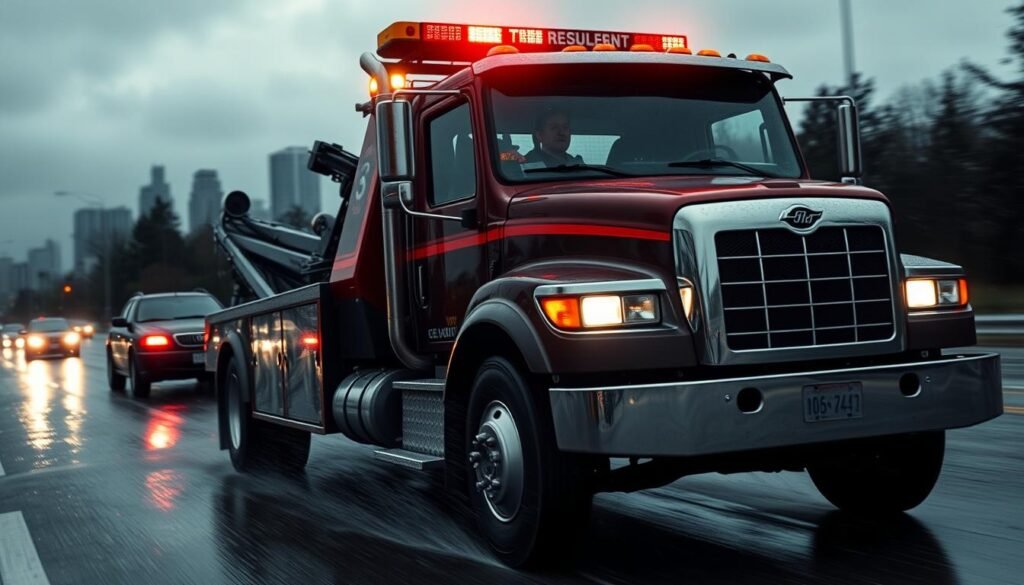 A Coquitlam tow truck racing down a rain-slicked street, its flashing emergency lights cutting through the gloom. The driver's face is tense with focus as they navigate traffic, ready to spring into action. In the background, the gray skyline of Coquitlam rises, hinting at the urgency of the situation. The tow truck's chrome grill and winch glint under the street lamps, conveying a sense of power and capability. The overall scene evokes a feeling of reliable, swift response - a Coquitlam towing service that can be trusted to arrive quickly in a crisis.