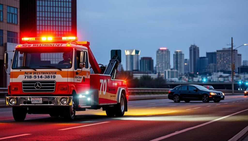 A brightly lit tow truck with its hazard lights flashing, parked on a city street in New Westminster. In the foreground, the truck's logo and contact information are prominently displayed. The middle ground shows a disabled vehicle on the side of the road, with the tow truck's operator assessing the situation. In the background, the skyline of New Westminster is visible, with a blend of modern and historic buildings. The lighting is natural, creating a sense of urgency and professionalism. The overall scene conveys the reliable and responsive towing assistance available in the city.