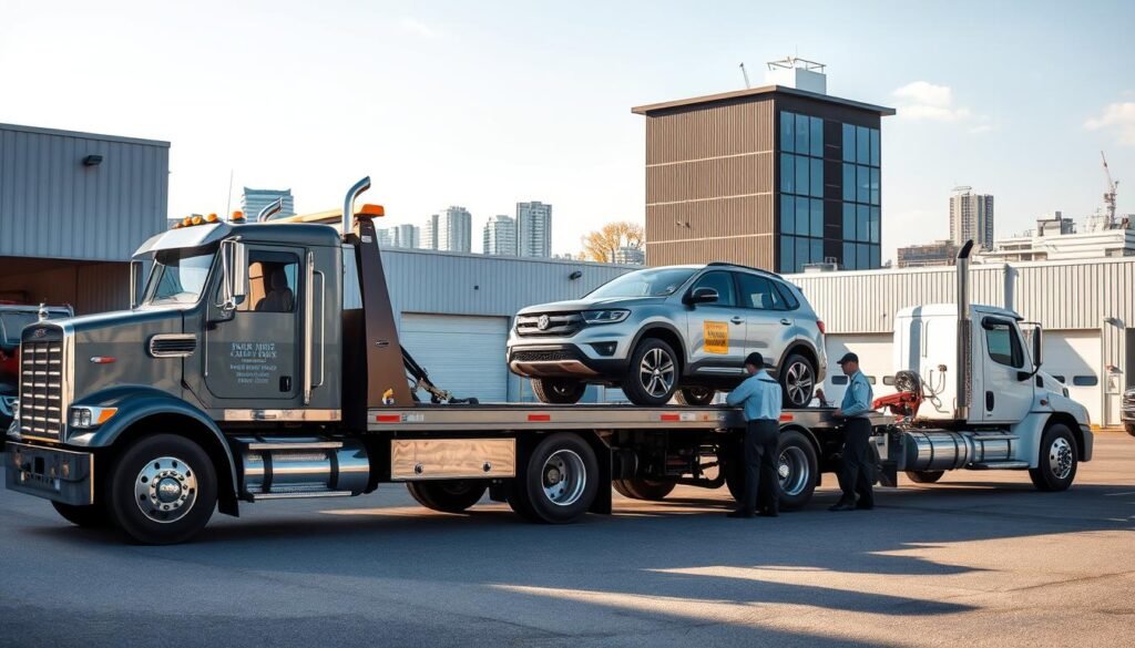 A bustling professional towing yard in the heart of New Westminster, with a fleet of sturdy tow trucks standing at the ready. The foreground features a well-maintained tow truck, its chrome accents gleaming under the warm afternoon sun, while in the middle ground, uniformed technicians expertly load a disabled vehicle onto the hydraulic bed. The background showcases the company's modern facilities, including a repair shop and secure storage area, all set against a backdrop of the city's iconic skyline. The scene conveys a sense of reliability, efficiency, and a commitment to serving the community's automotive needs. Captured with a wide-angle lens to emphasize the scale and professionalism of the operation, the image exudes a welcoming, trustworthy atmosphere.
