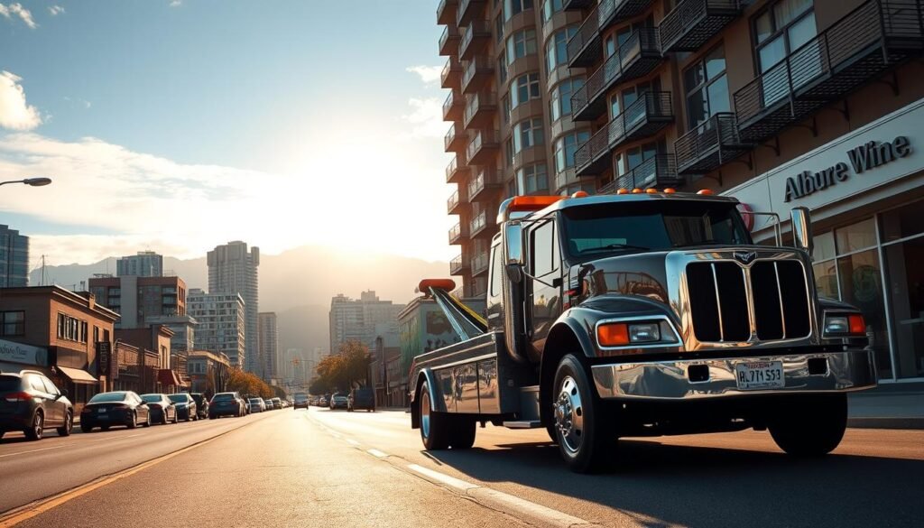 A bustling street in downtown Vancouver, with a tow truck prominently displayed in the foreground. The truck is a sleek, modern model, its chrome accents gleaming under the warm afternoon sun. In the middle ground, a row of affordable apartment buildings and small businesses line the street, their facades adorned with vibrant murals and signage. The background is a blend of towering skyscrapers and the iconic North Shore mountains, creating a picturesque urban landscape. The scene conveys a sense of efficiency, accessibility, and community, capturing the essence of affordable towing services in this vibrant West Coast city.