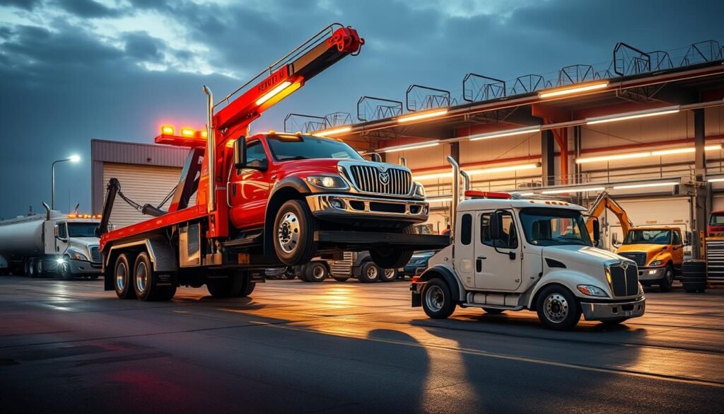 A bustling tow yard in Burnaby, showcasing the latest advancements in towing technology. In the foreground, a sleek, high-capacity tow truck effortlessly lifts a vehicle onto its platform, its hydraulic arms moving with precision. The middle ground features a well-organized dispatch center, where operators monitor GPS tracking and coordinate efficient towing operations. In the background, a state-of-the-art maintenance facility, with technicians inspecting and servicing the fleet, ensuring peak performance. The scene is bathed in warm, golden lighting, conveying a sense of professionalism and innovation in the towing industry.