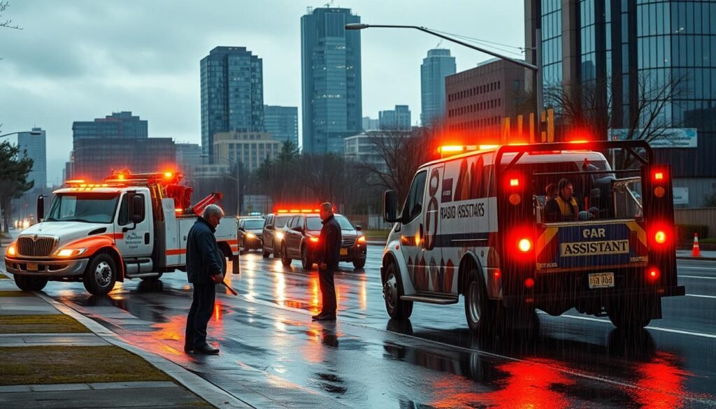 A bustling urban scene on a rain-soaked Vancouver roadside, featuring an array of roadside assistance vehicles including a tow truck, a service van, and a flatbed. The vehicles are positioned strategically, their flashing lights cutting through the mist and casting a warm glow across the damp pavement. In the foreground, a stranded motorist stands by their disabled car, relieved to see the arrival of the assistance team. The middle ground showcases the crew expertly at work, while the background depicts the iconic Vancouver skyline, its towering glass and steel structures hinting at the city's modernity. The overall mood is one of efficiency, professionalism, and a sense of community, capturing the essential role of roadside assistance services in the vibrant metropolis.