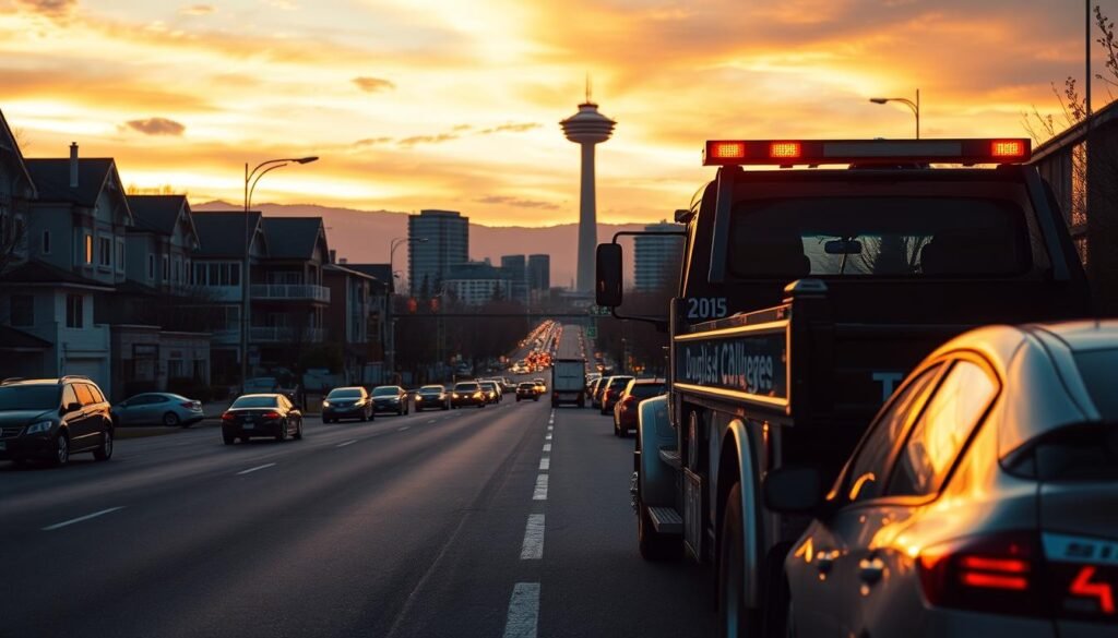 A busy roadside scene in New Westminster, with a sleek tow truck prominently displayed in the foreground. The truck's amber lights flash, signaling its readiness to assist stranded motorists. In the middle ground, a modern urban landscape unfolds, with residential and commercial buildings lining the street. The background features the iconic Douglas College tower, standing tall and prominent against a vibrant sky. The lighting is warm and golden, creating a sense of urgency and reliability. The composition captures the essence of reliable roadside assistance, with the tow truck as the central focus, ready to come to the aid of those in need.