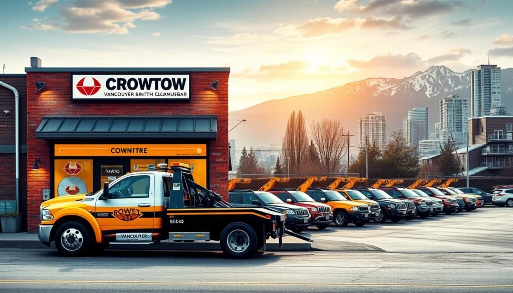 A cozy, well-lit storefront of a local towing company in Vancouver, British Columbia. The building has a classic, brick exterior with a prominent sign displaying the company's name and logo. In the foreground, a modern tow truck is parked, its yellow and black paint job catching the eye. The middle ground features a neatly organized lot with several other tow vehicles, conveying a sense of professionalism and reliability. The background showcases the vibrant cityscape of Vancouver, with towering skyscrapers and the iconic North Shore mountains in the distance, creating a picturesque setting. The overall atmosphere is one of trustworthiness, efficiency, and a strong community presence.